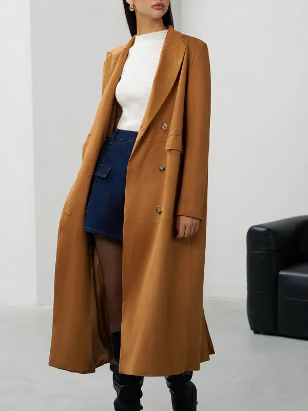 Suede Plain Double-Breasted Long Blazer
