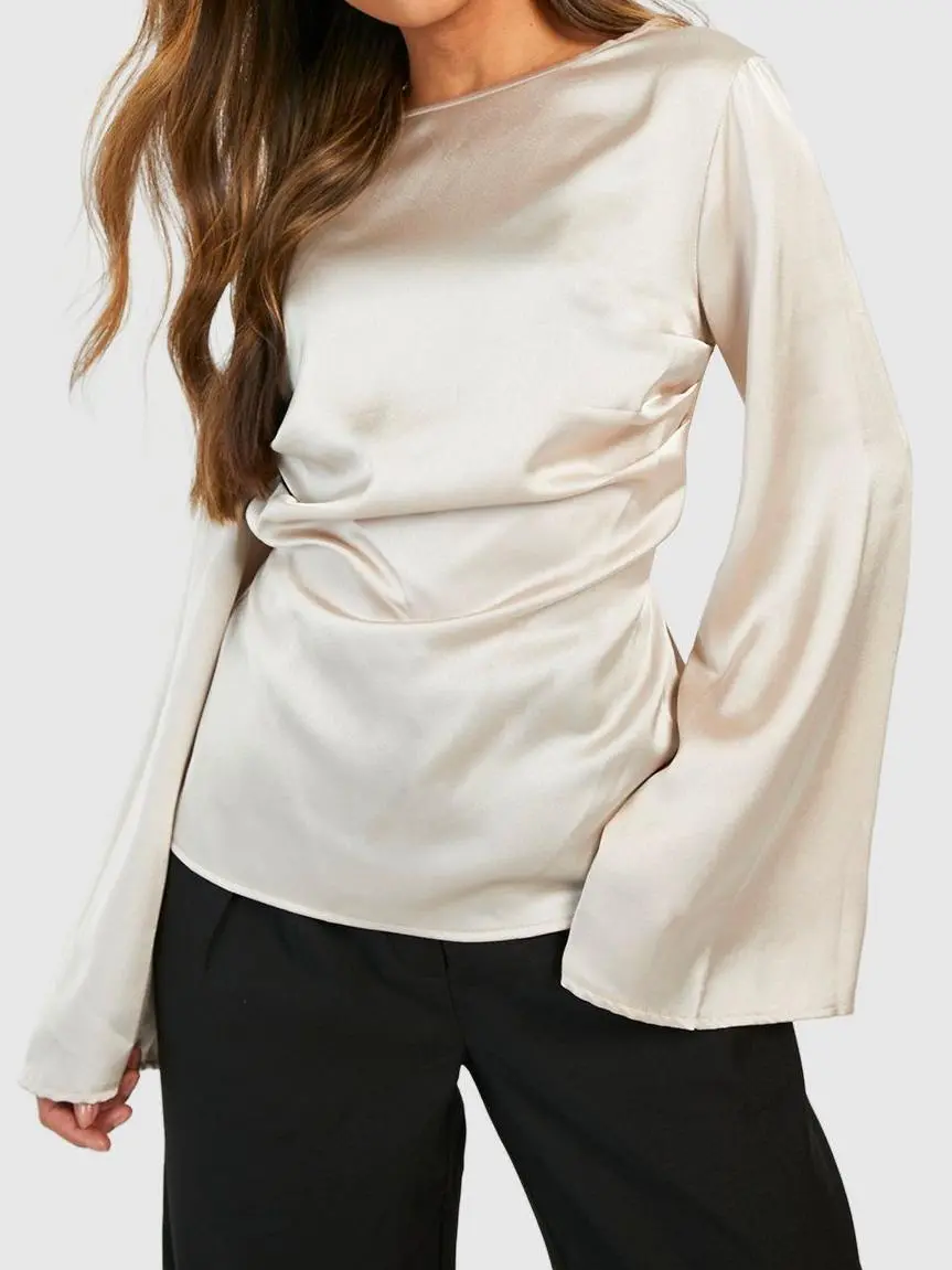 SATIN BOAT NECK RUCHED WAIST BLOUSE