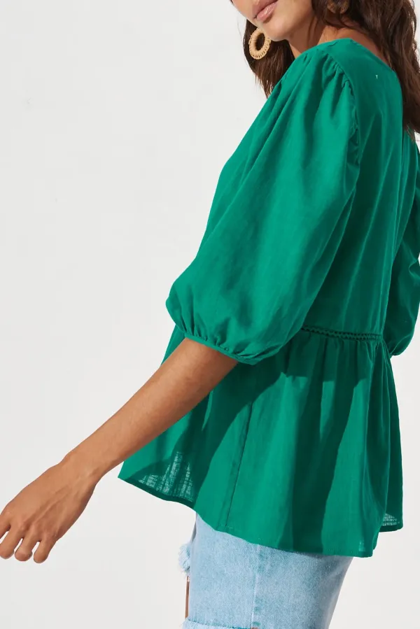 Green Half Sleeve Peplum Linen Top