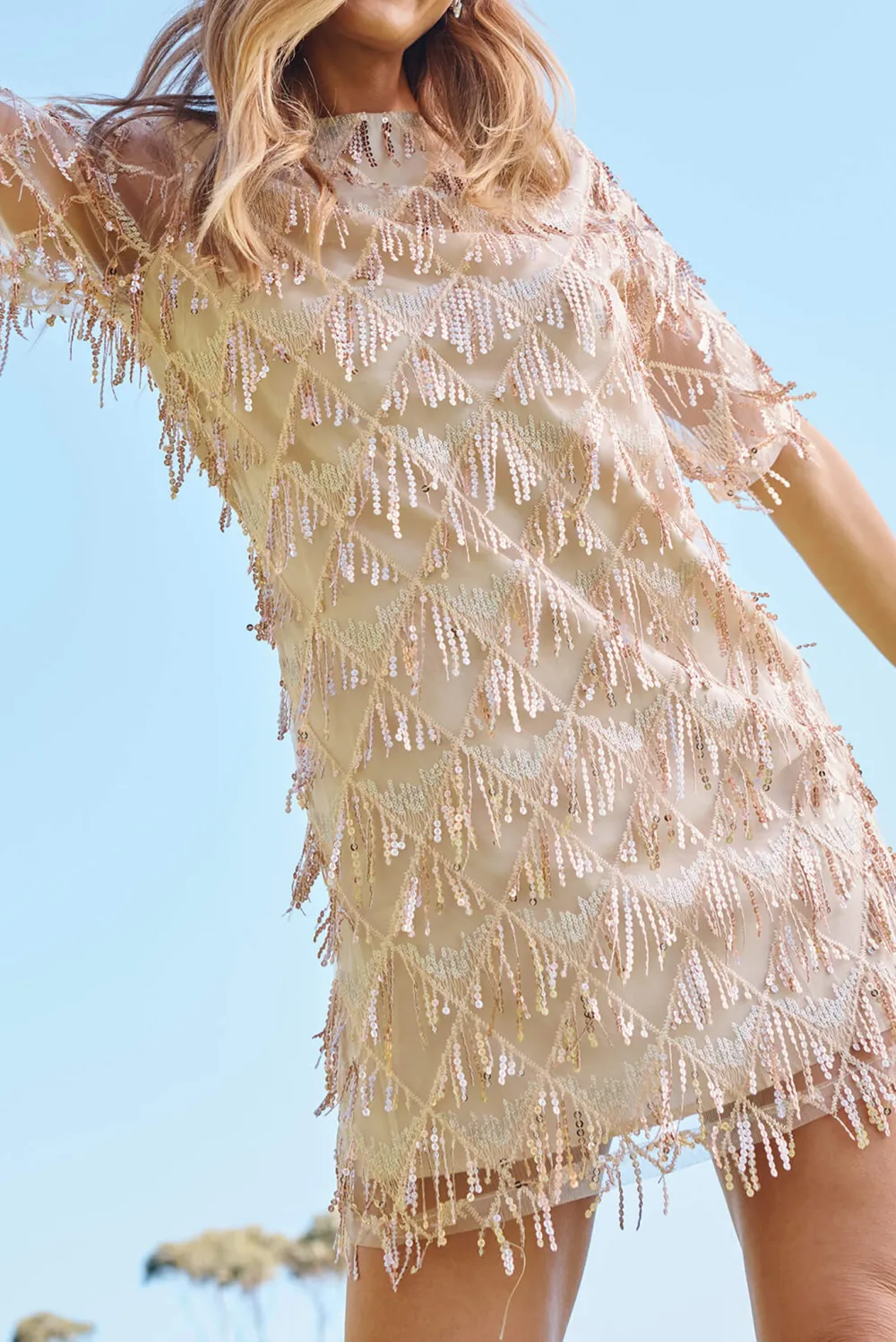 Champagne Fringe Sheer Sleeve Mini Dress
