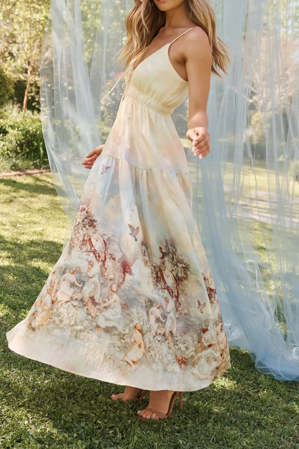 Beige Printed Spaghetti Strap Maxi Dress
