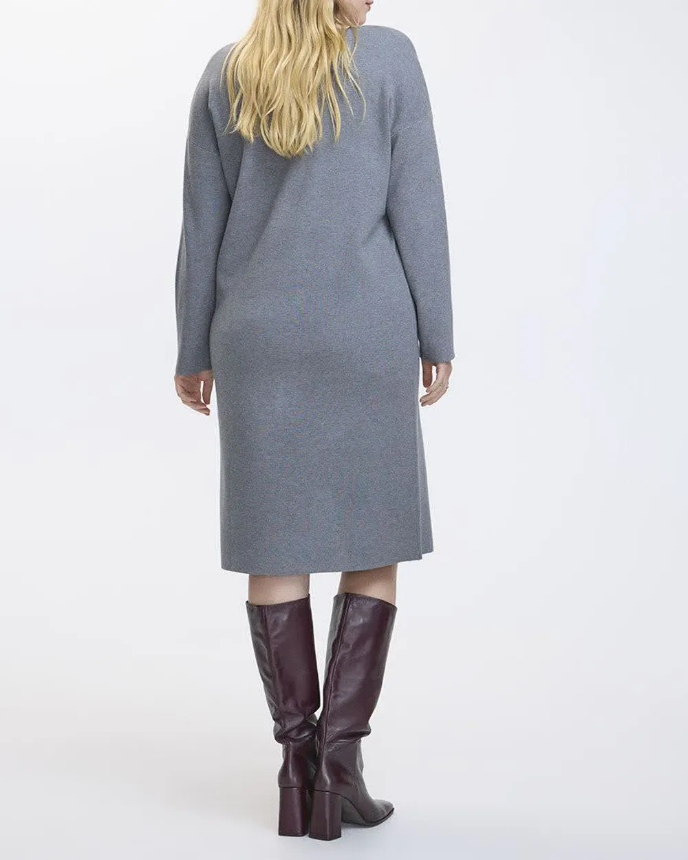 Long-Sleeve V-Neck Midi Sweater Dress