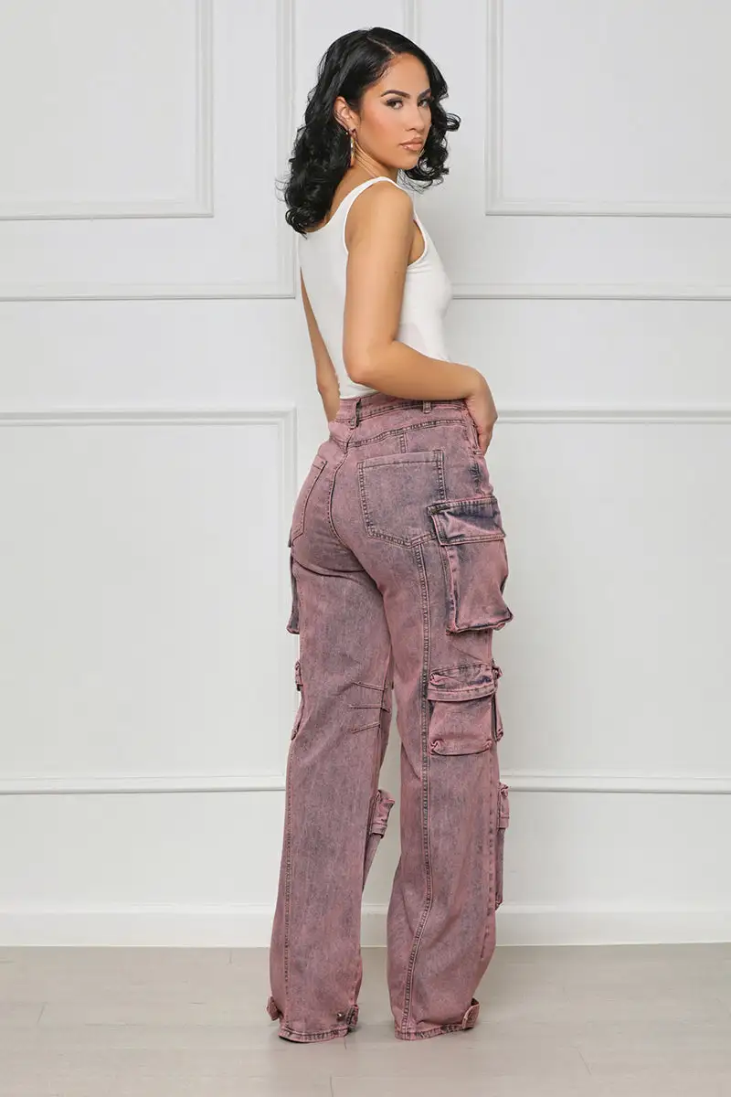 Always On Go Distressed Cargo Jeans (Purple Acid Wash)- FINAL SALE