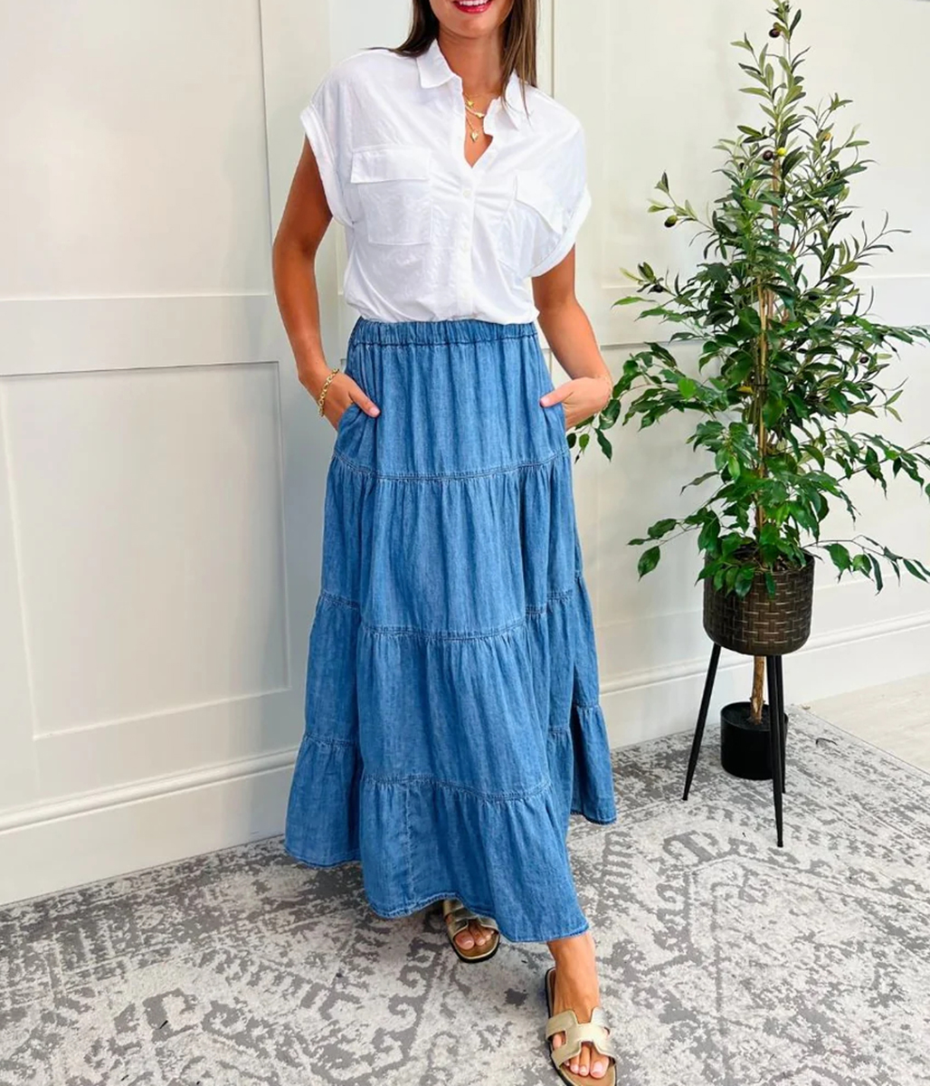 Denim Tiered Midi Skirt