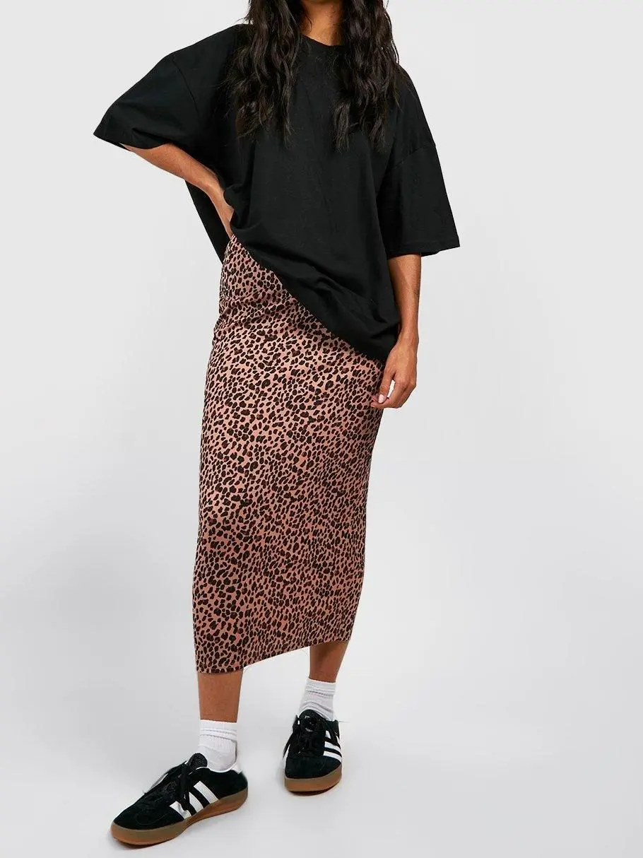 LEOPARD RIBBED MIDI SKIRT