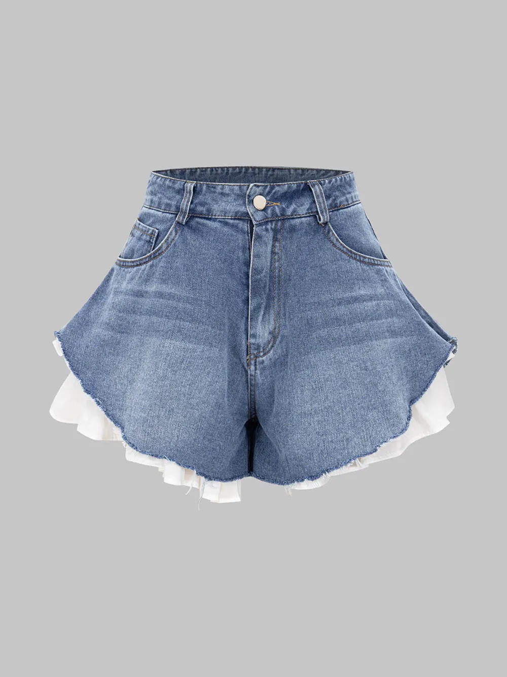 Patchwork Wide Leg Denim Shorts With Pockets