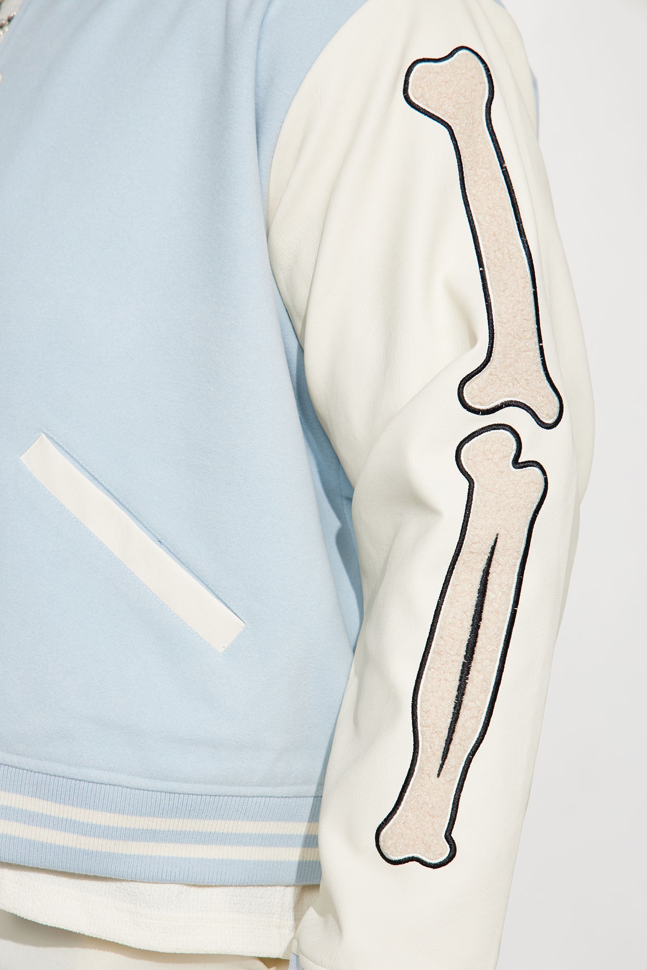 Bone Applique Varsity Bomber Jacket - Light Blue