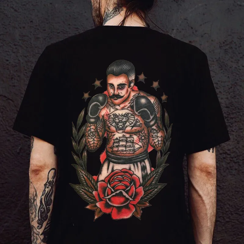 Boxing Beard Man Floral Vintage Print T-shirt