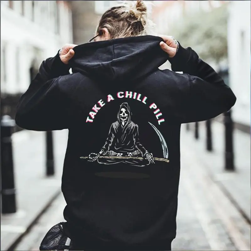 Take A Chill Pill Grim Reaper Printed Men's Hoodie