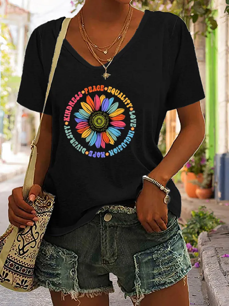T-Shirt Kindness Peace Equality Love Hope Diversity Human Rights Black Floral Sunflower Pattern T-Shirt
