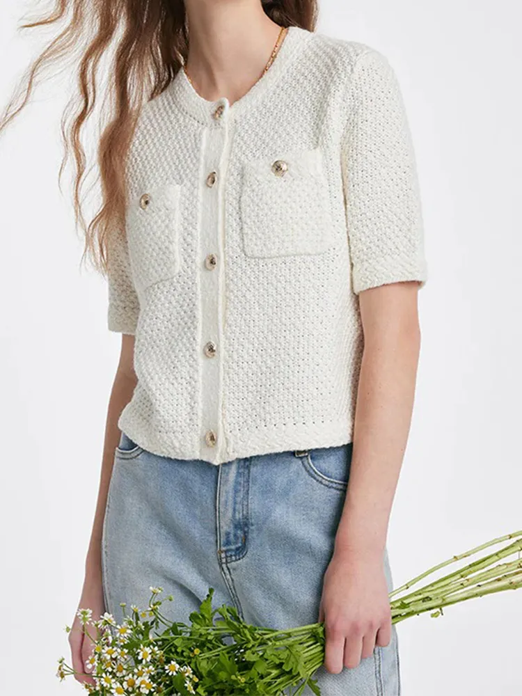 Openwork Round Neck Knitted Women Cardigan