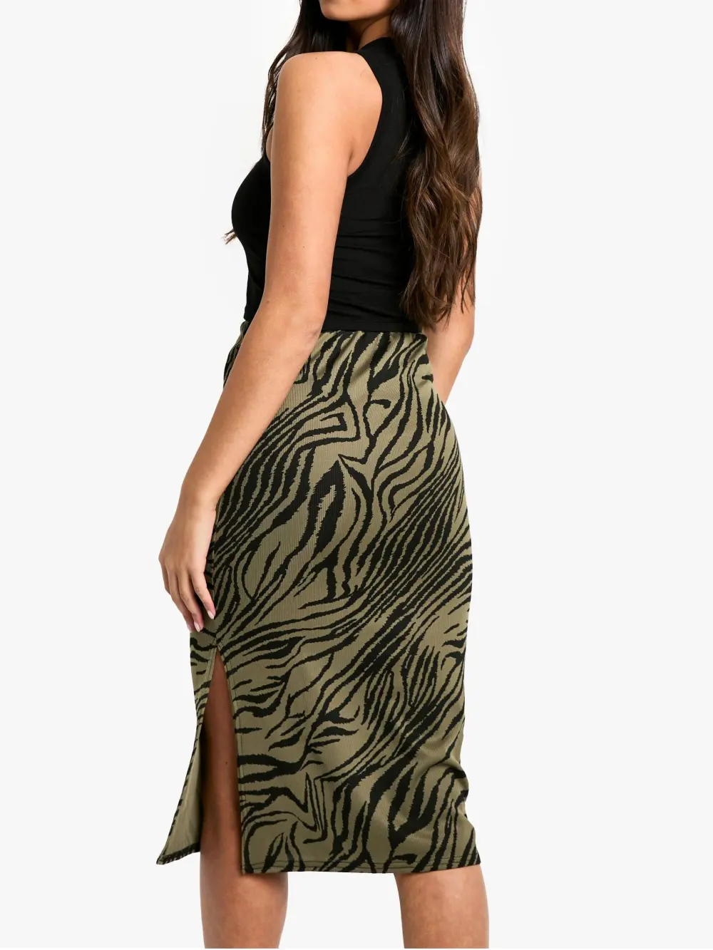 ZEBRA PRINT RIB SIDE SPLIT MIDI SKIRT