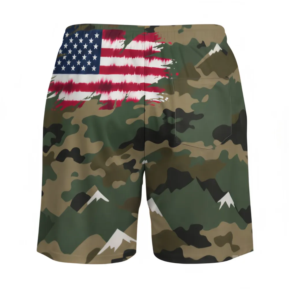 Flag Camouflage Sports Beach Shorts In The Upper Right Corner