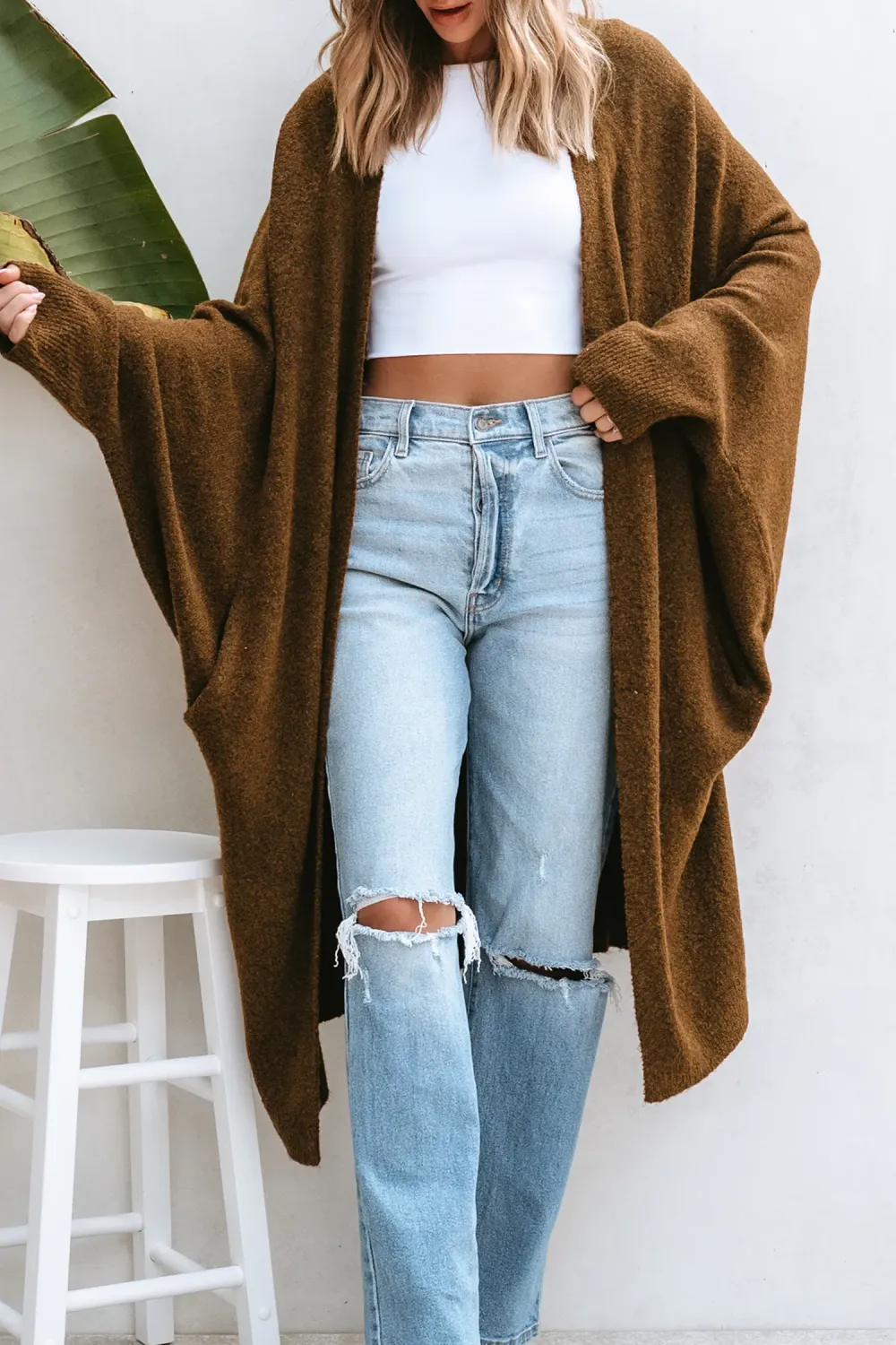 Tan Open Front Dolman Sleeve Duster Cardigan