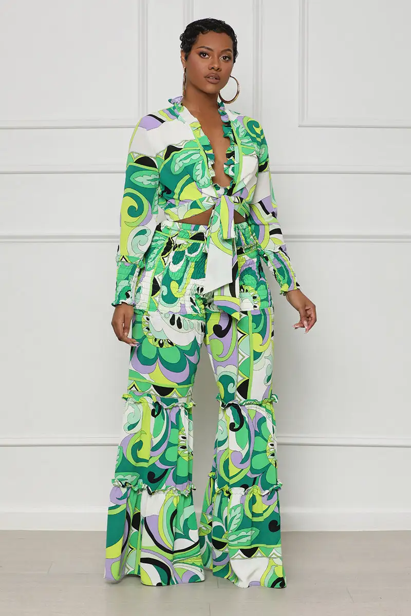Vibrant Ruffles Wide Leg Pants Set (Green Multi)- FINAL SALE
