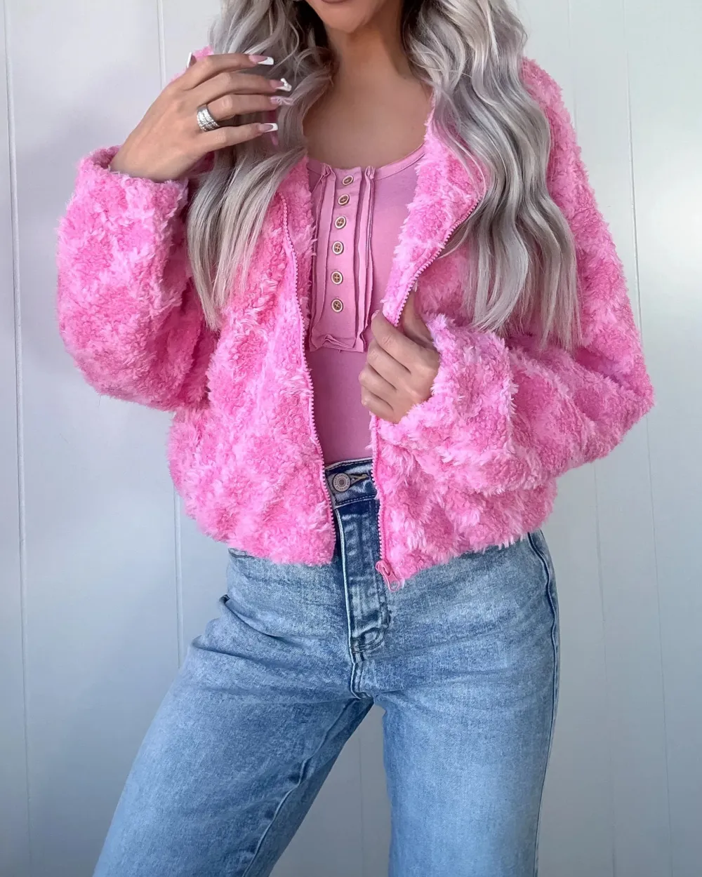 Spring Awakened Fuzzy Hooded Jacket - Pink