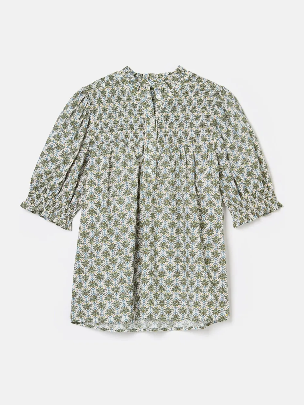 Half Sleeve Green Frill Neck Smocked Blouse