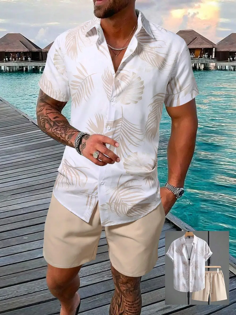 2pcs Men's Floral Print Shirt And  Pocket Shorts Set Men Summer Outfits