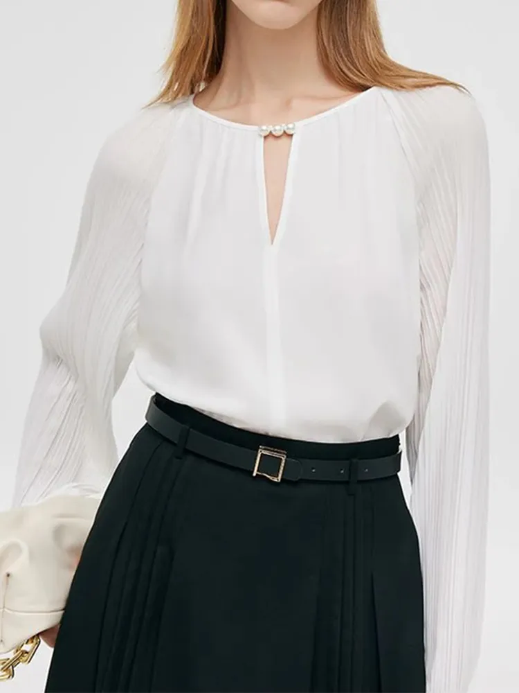 Acetate Pleated Sleeves Cut-Out Neck Women Blouse