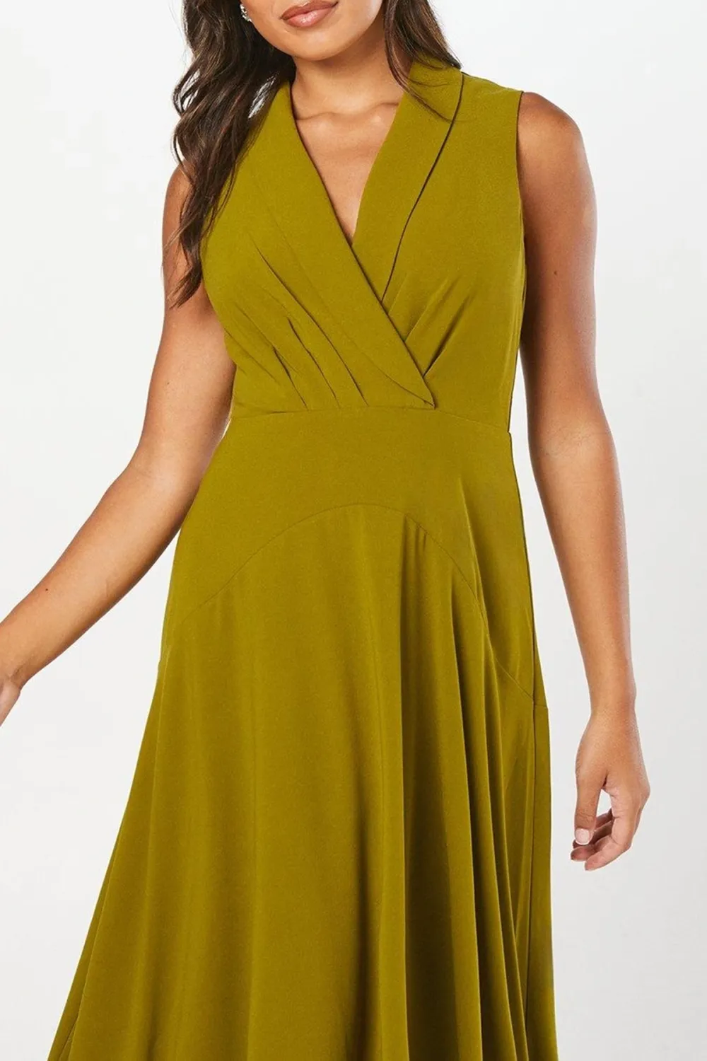 Collared Wrap Bodice Drape Crepe Midi Dress