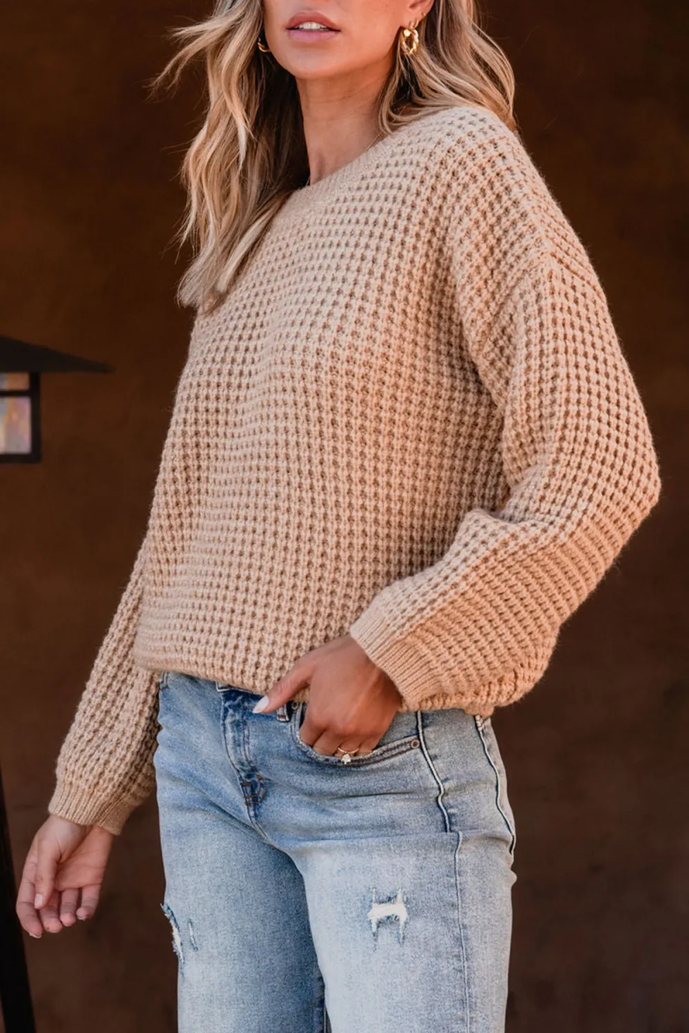 Camel Ribbed Waffle Knit Sweater