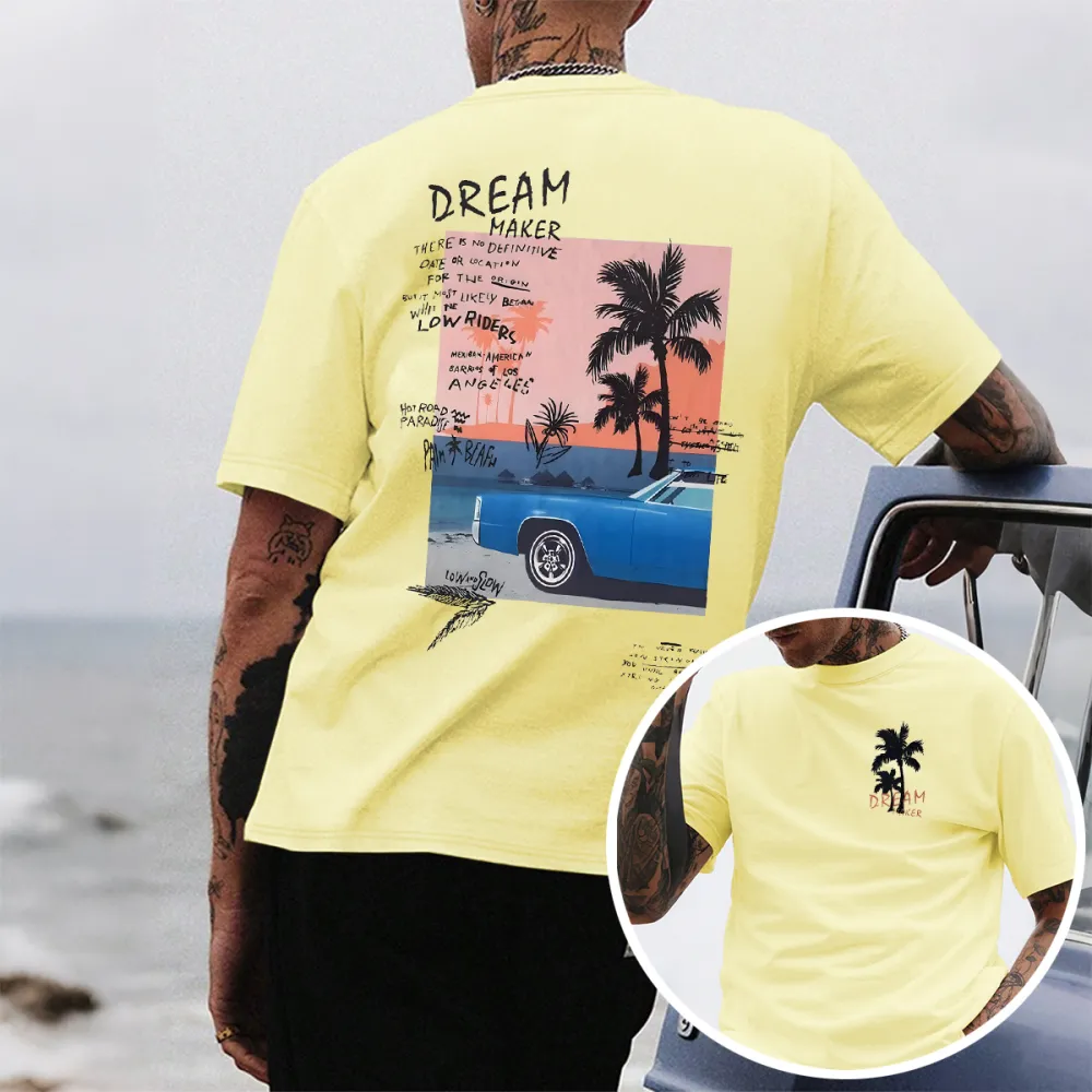 Men'S Letter Palm Tree Car Graphic Printed Crew Neck Short Sleeves T-Shirt