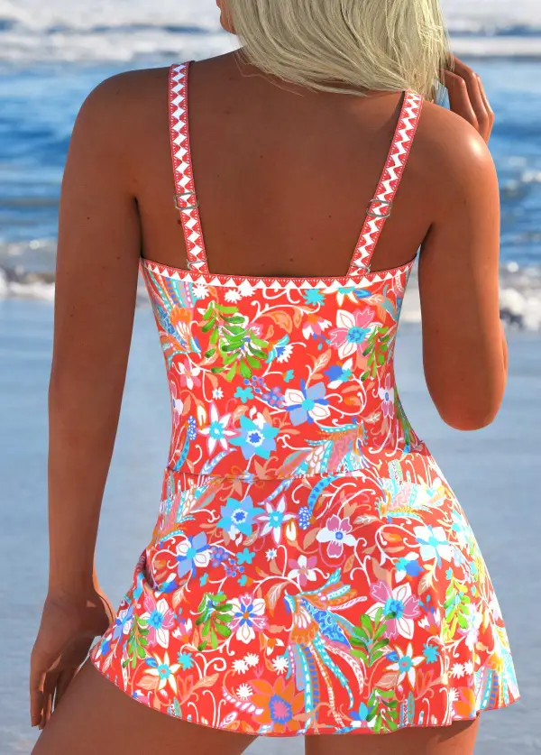 Tie Floral Print Coral One Piece Swimdress