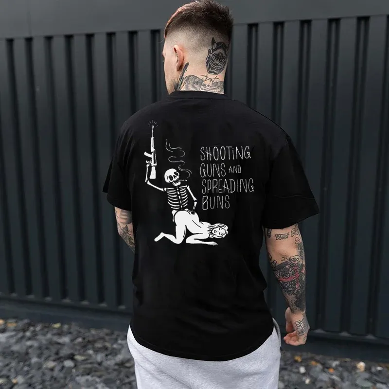 Shooting Guns And Spreading Buns Skull Printed Casual Men's T-shirt
