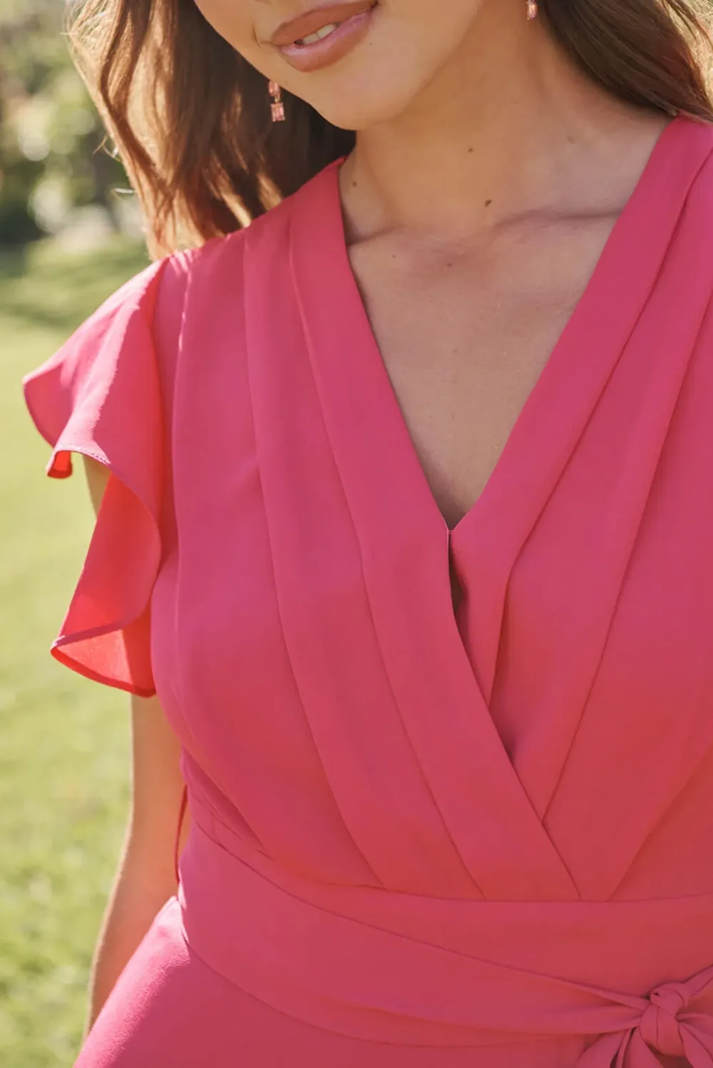 Fuchsia Ruffled Sleeve Wrap Style Maxi Dress