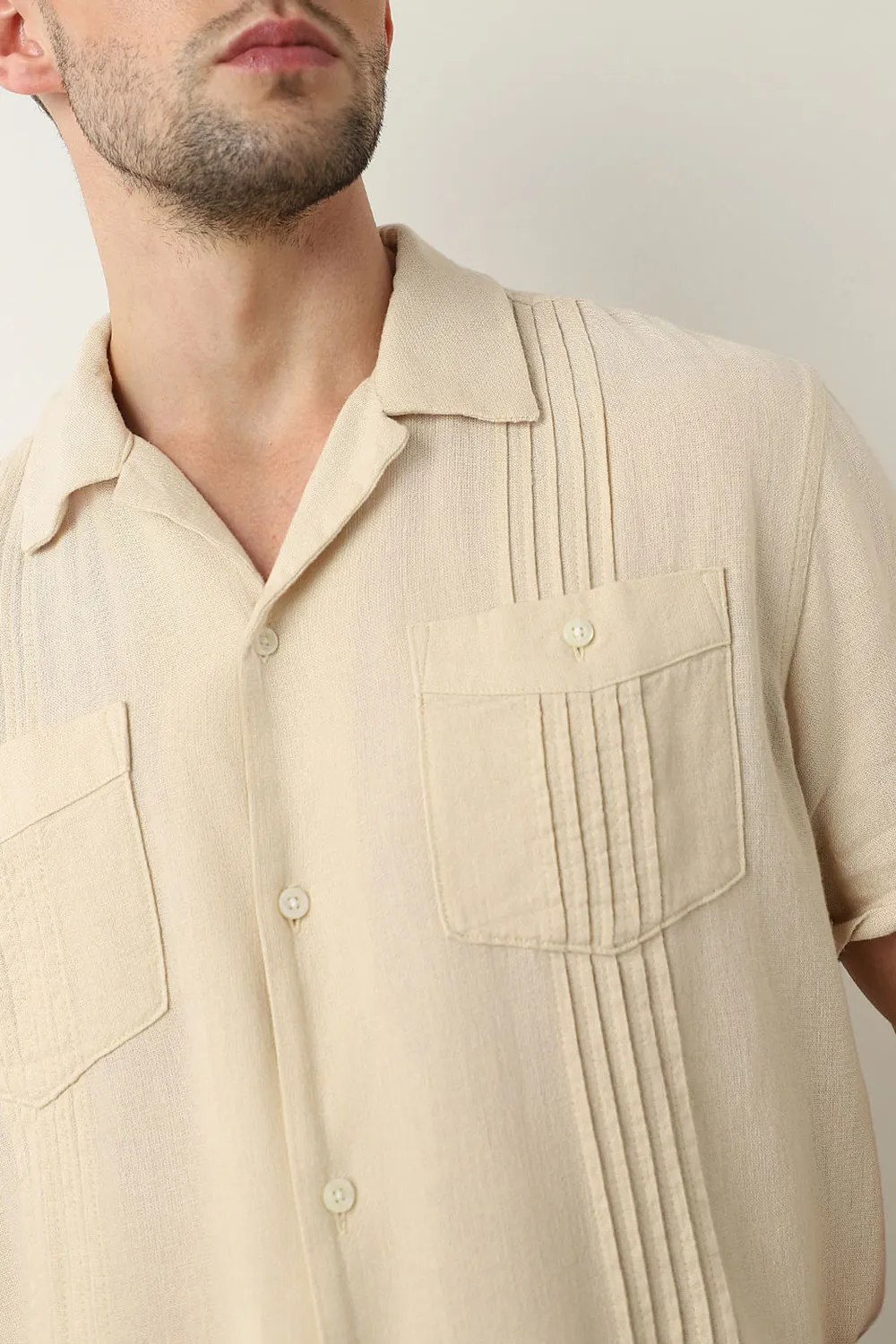 Beige Cuban Collar Short Sleeves Shirt