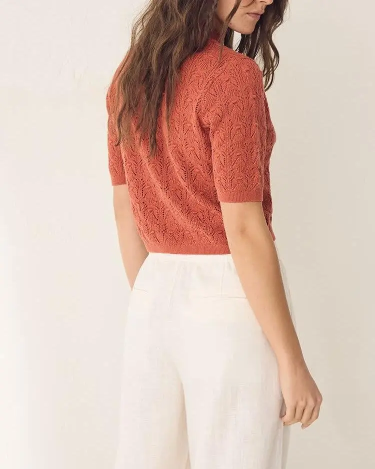 Short-Sleeve Buttoned-Down Crochet Top with Shirt Collar