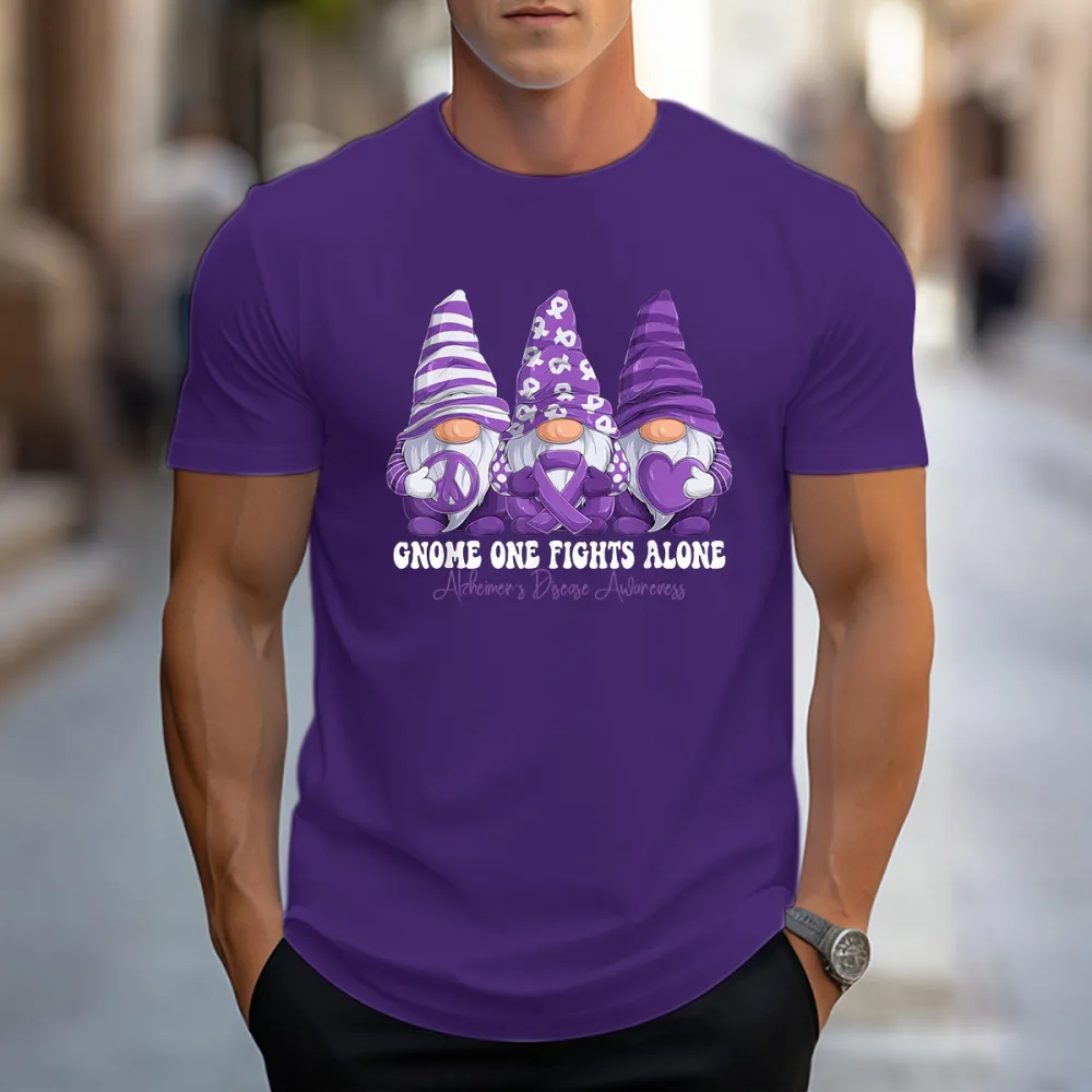 Men'S Gnome One Fights Alone Alzheimer'S Diease Awareness Round-Neck Short-Sleeved T-Shirt
