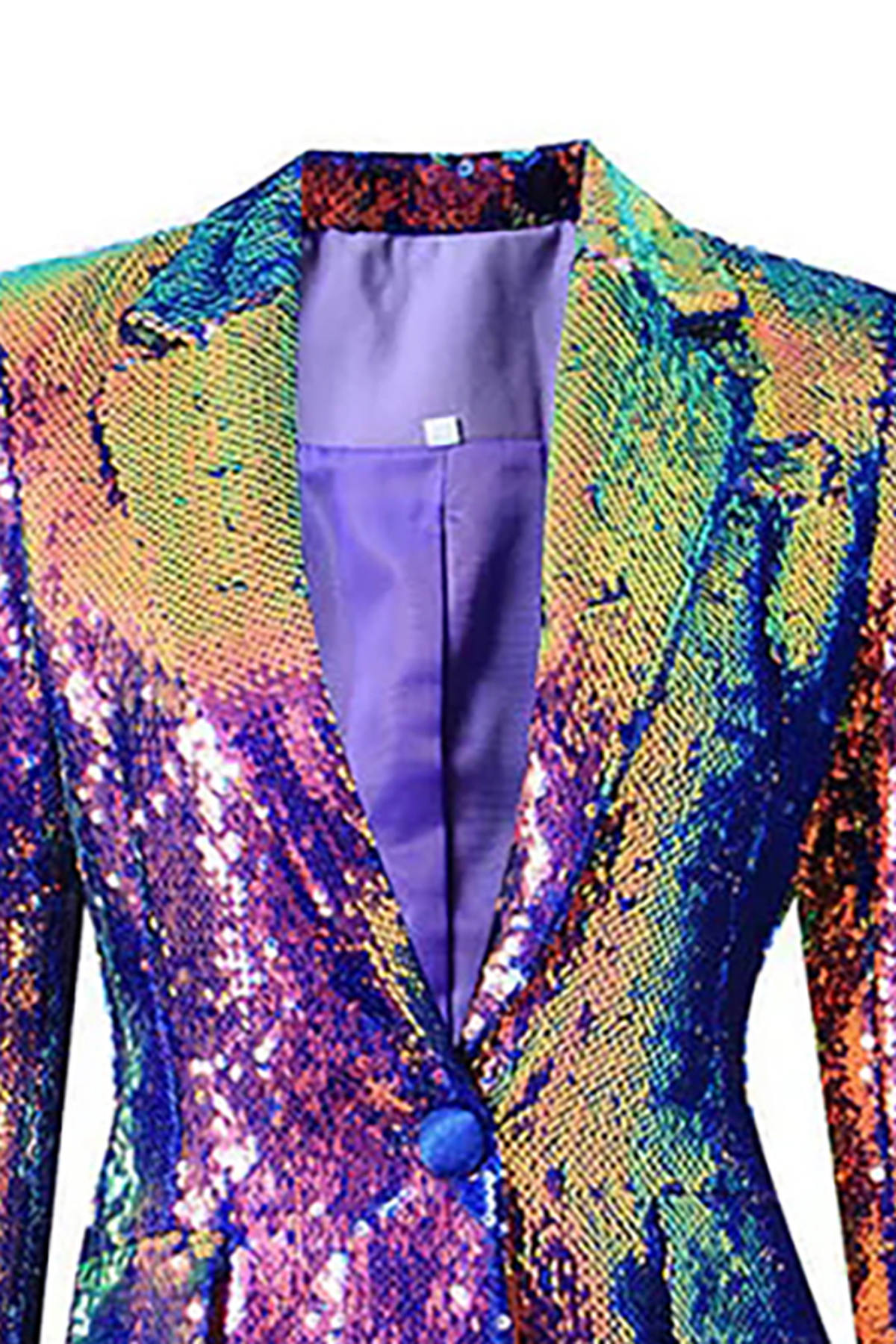 Iridescent Sequin Lapel Collar Long Sleeve Cinch Waist Metallic Party Blazer