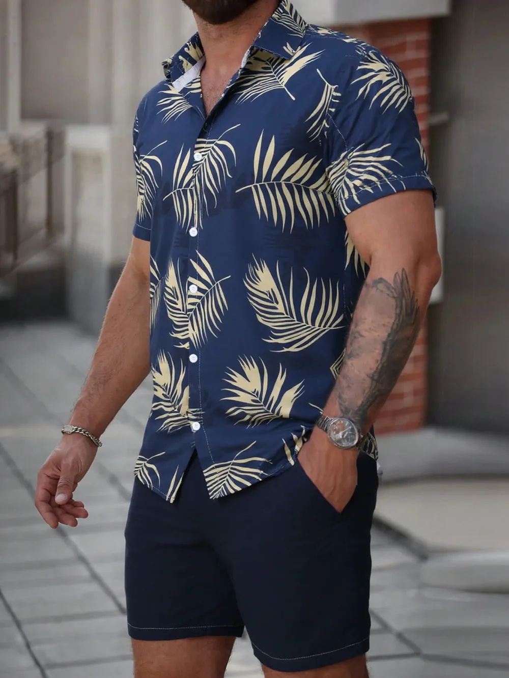 2pcs Men's Floral Print Shirt And  Pocket Shorts Set Men Summer Outfits