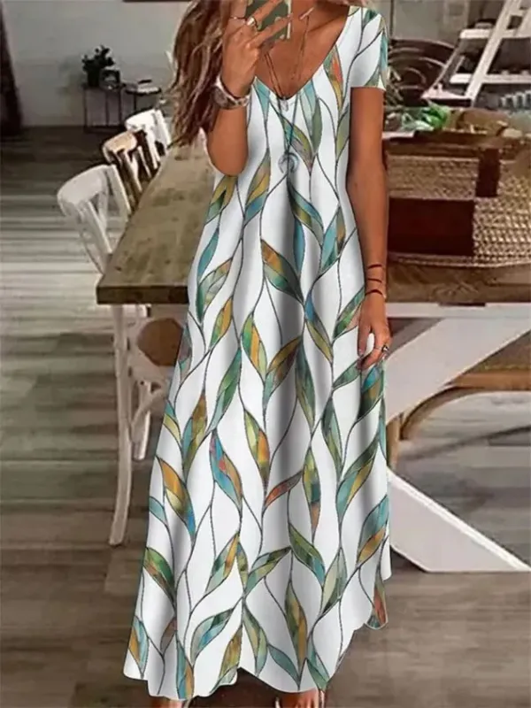 Women Butterfly V Neck Short Sleeve Comfy Casual Maxi Dress