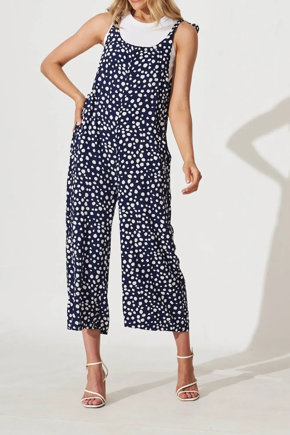 Navy Blue Polka Dot Sleeveless Overalls Jumpsuit