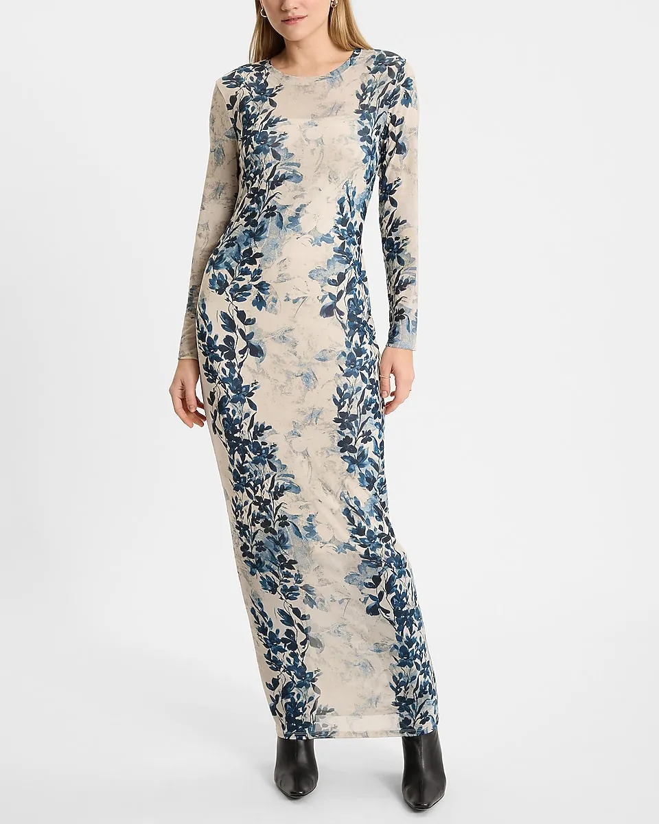 Printed Mesh Crew Neck Long Sleeve Maxi Dress