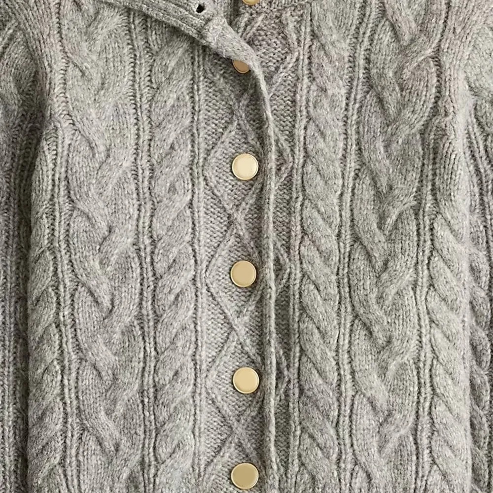 Cable-knit turtleneck cardigan sweater