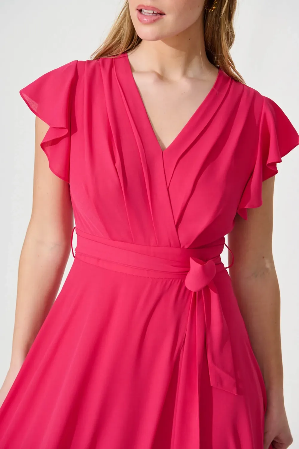 Fuchsia Ruffled Sleeve Wrap Style Maxi Dress