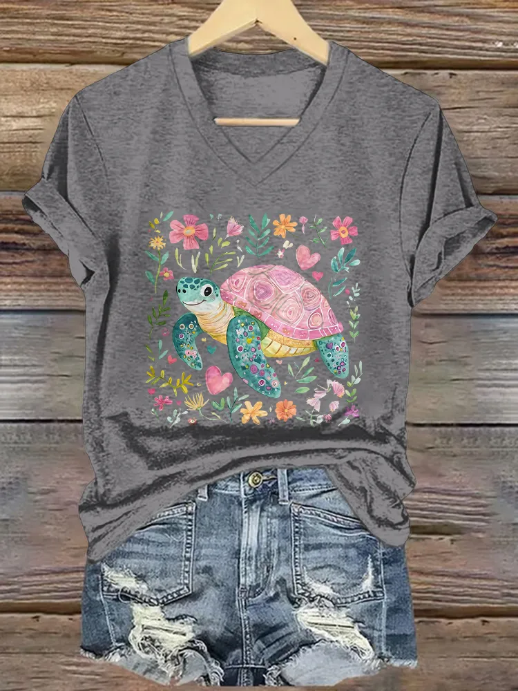 Women's Summer Turtle And Floral Short Sleeves V-Neck Pure Cotton T-Shirt