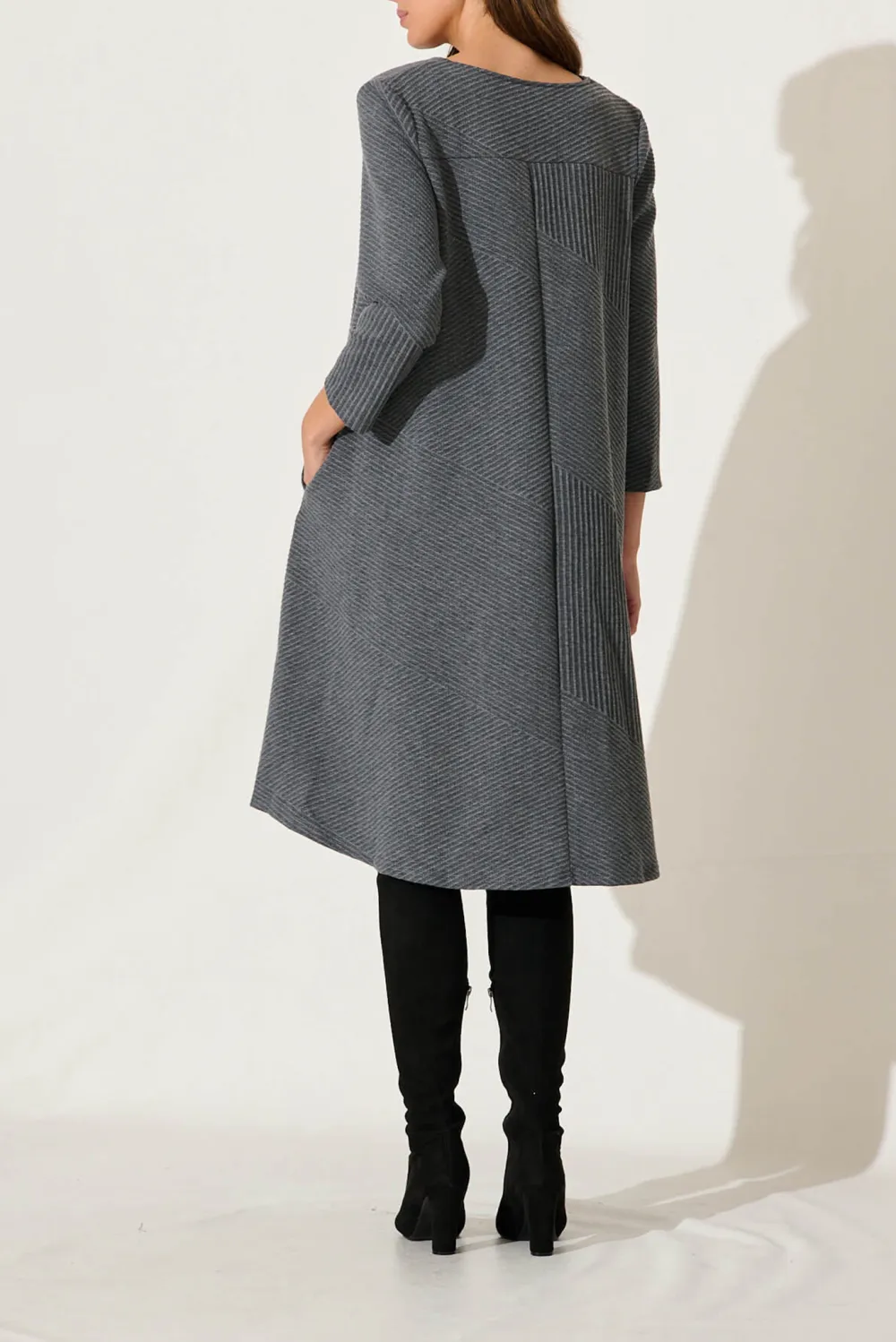 Gray Asymmetric Belted Knit Dress