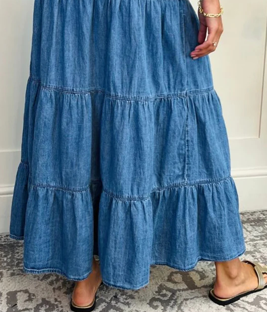 Denim Tiered Midi Skirt