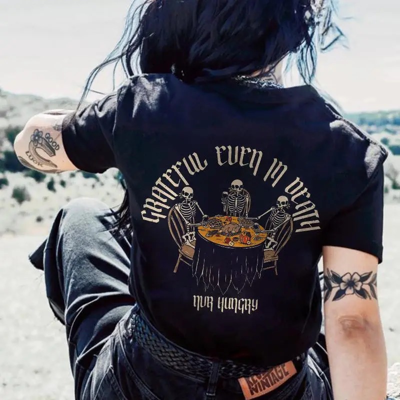 Grateful Even In Death Printed Skeleton T-shirt