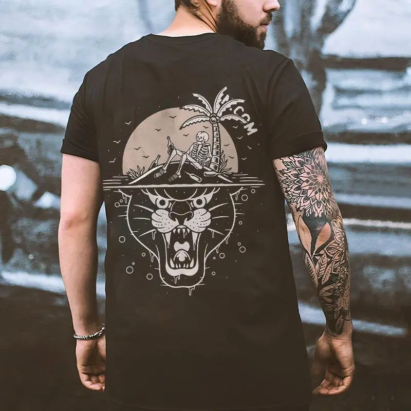 Leisurely And Relaxed Skull Coconut Island Printed T-shirt