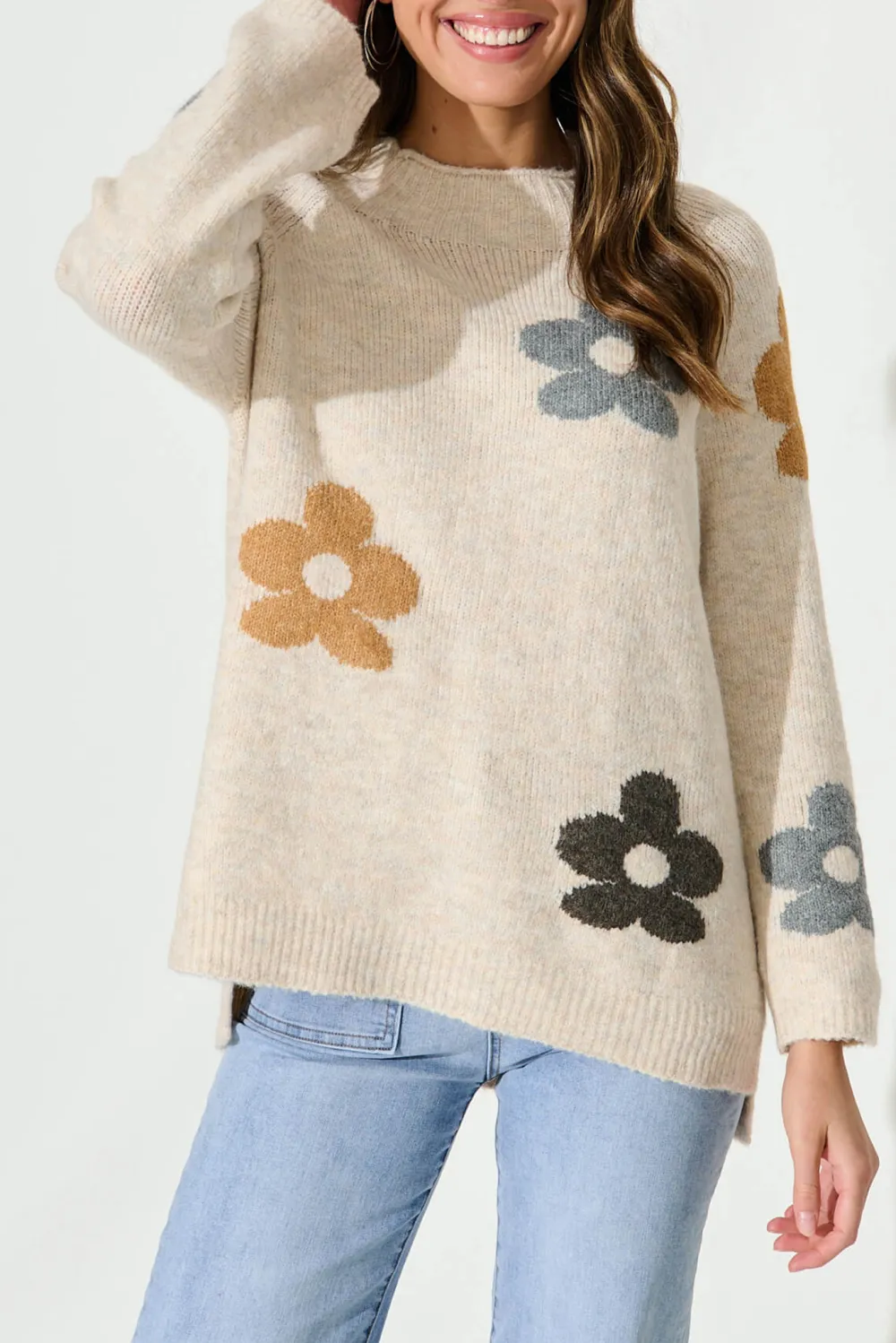 Beige Floral Patterned Knitted Sweater