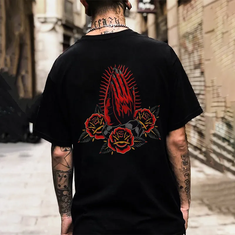 Praying Hands With Rose Printed Men's T-shirt