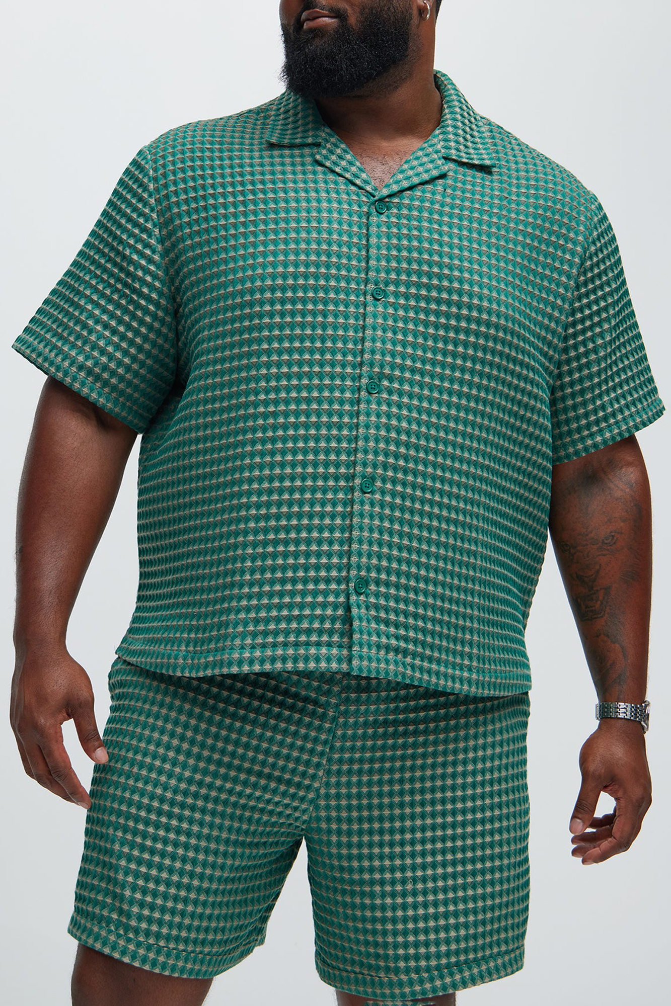 Dimensional Textured Button Up Shirt - Greencombo