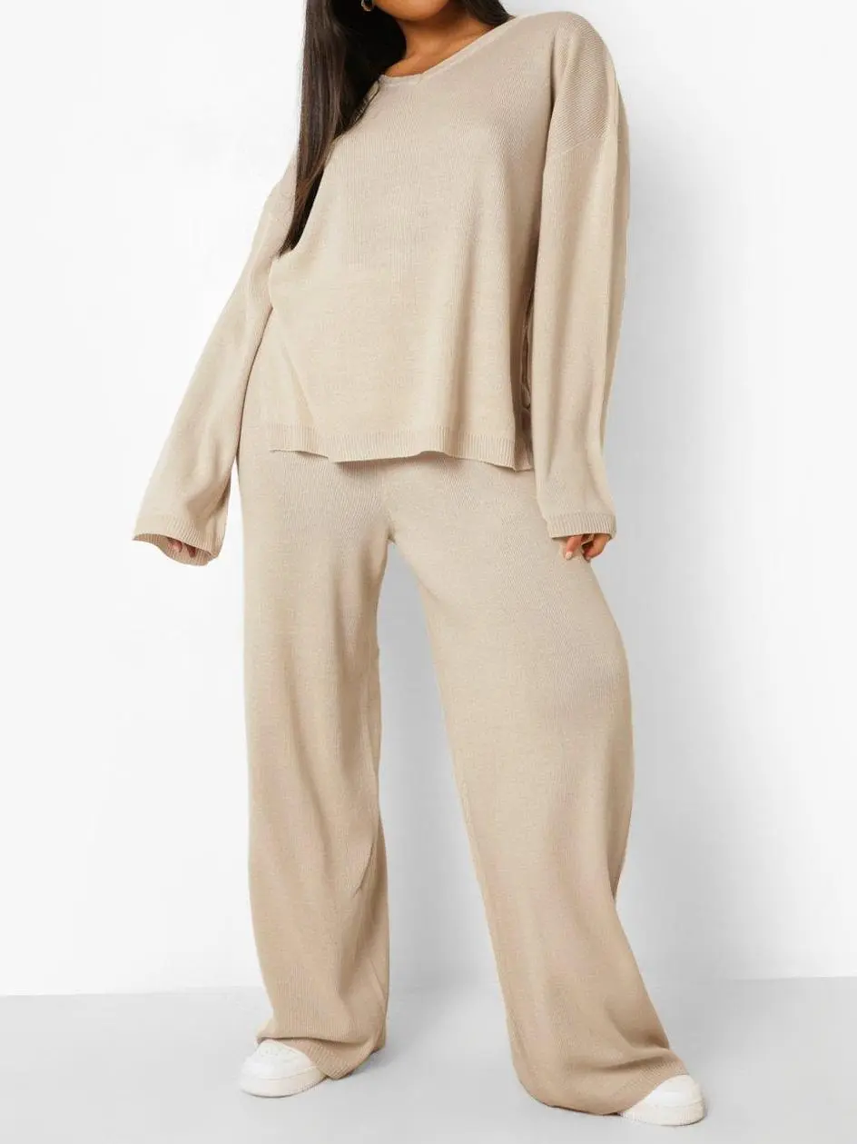 PLUS KNITTED V NECK SIDE SPLIT PANTS SET