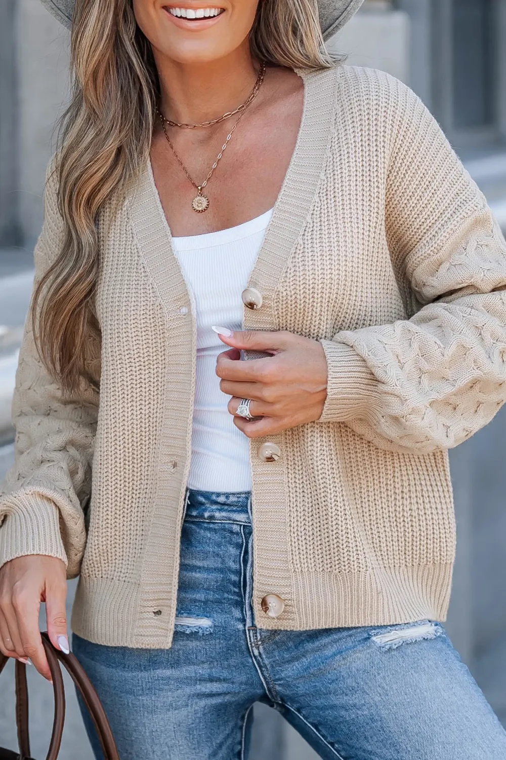 Apricot Honeycomb Puff Sleeve Cropped Cardigan