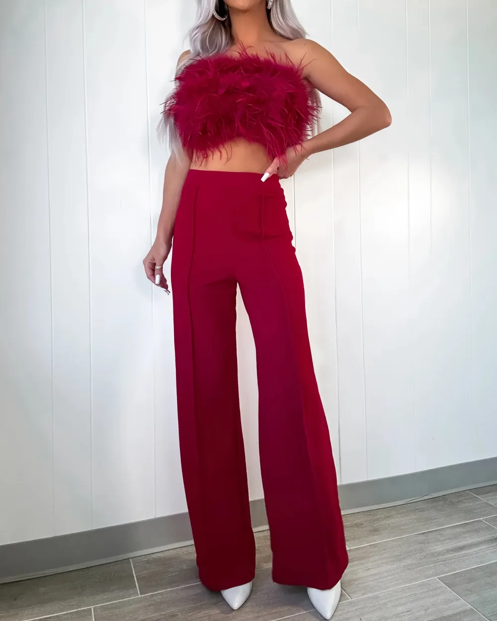 Graceful Reflections Fur Pants Set - Burgundy